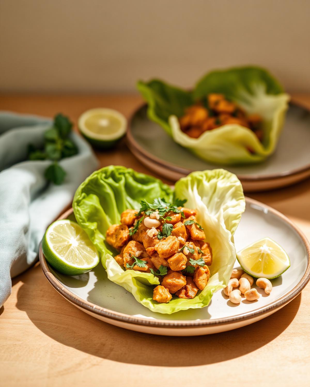 lime peanut butter chicken served in crisp cabbage cups on a ceramic plate with lime halves, cilantro and chopped peanuts