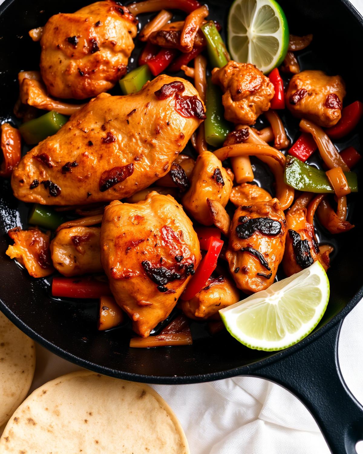chicken fajitas with charred red and green peppers and onions in a cast iron skillet with lime wedges and warm tortillas