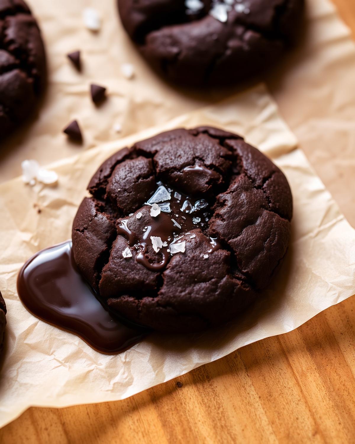 thick dark chocolate espresso cookies on parchment with melted chocolate pools and flaky sea salt