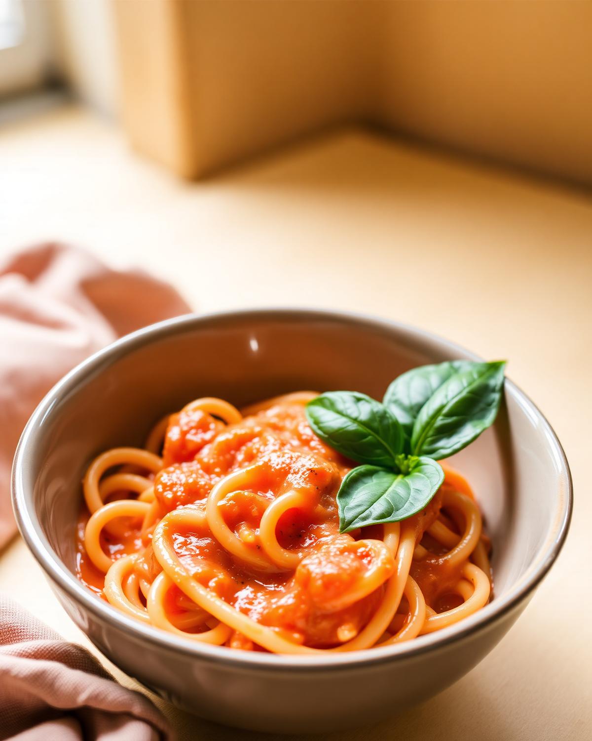 a ceramic bowl of rigatoni coated in glossy blush-pink vodka sauce, topped with basil and parmesan