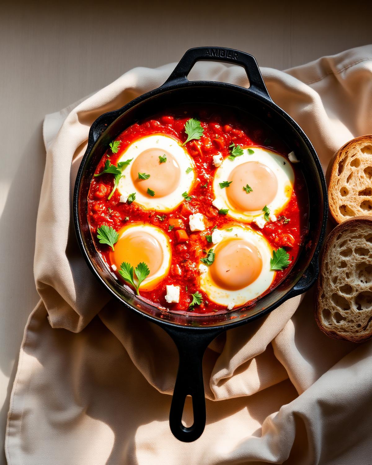 shakshuka in a cast iron skillet with four poached eggs in spiced tomato sauce, feta, parsley and crusty bread