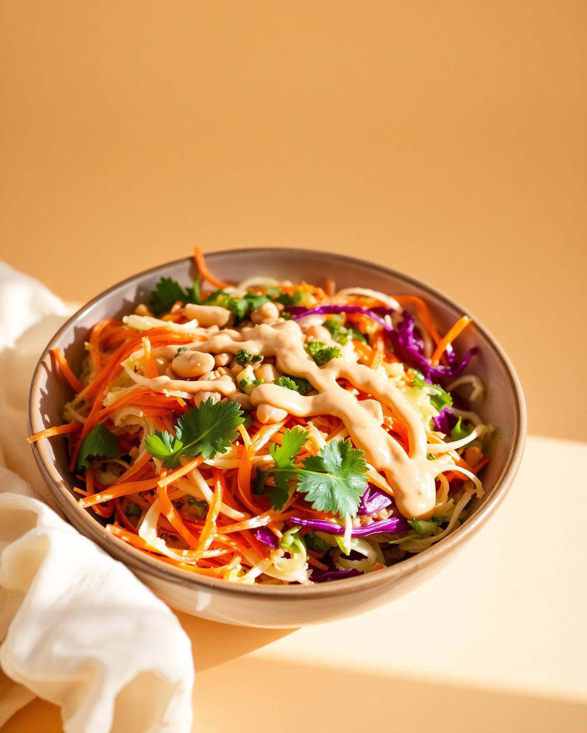 a wide bowl of thai crunch salad with shredded cabbage, carrots, cilantro, peanuts and a creamy peanut dressing drizzle